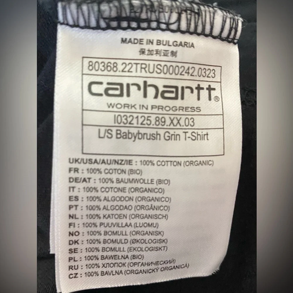 Carhartt Grin Long Sleeve T-Shirt with blue Flame Graphic, Size L​